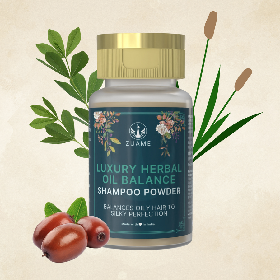 Zuame Luxury Oil Balance Shampoo Powder — Post-Oil Herbal Wash with Shikakai, Soap Nut & Bermuda Grass
