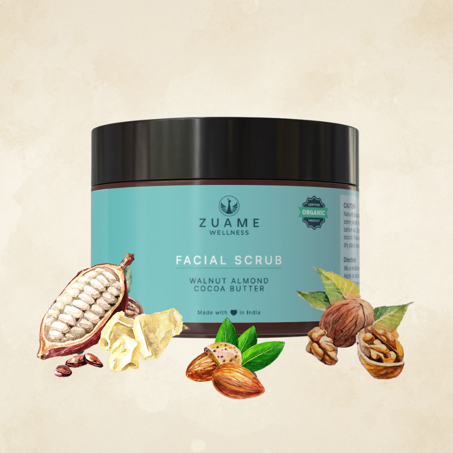 Walnut Facial Scrub with Almond & Cocoa Butter — Certified Organic Twice-Weekly Exfoliator | Walnut Kernel, Saffron & Argan Oil | Skin-Restorative Scrub