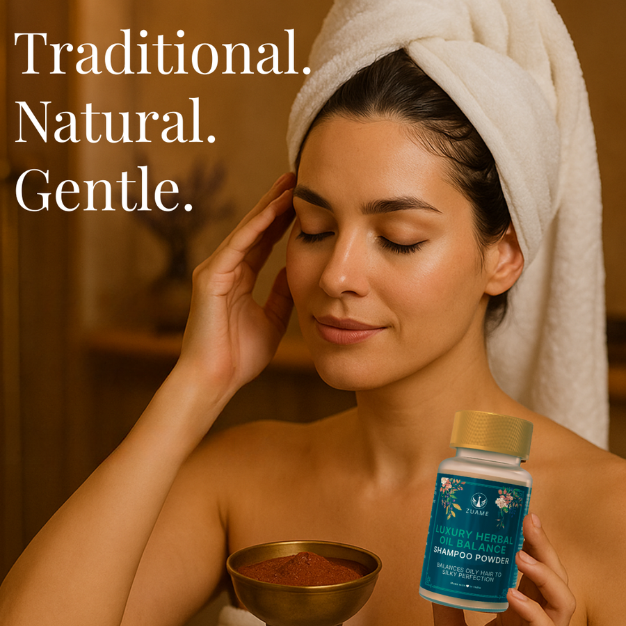 Zuame Luxury Oil Balance Shampoo Powder — Post-Oil Herbal Wash with Shikakai, Soap Nut & Bermuda Grass