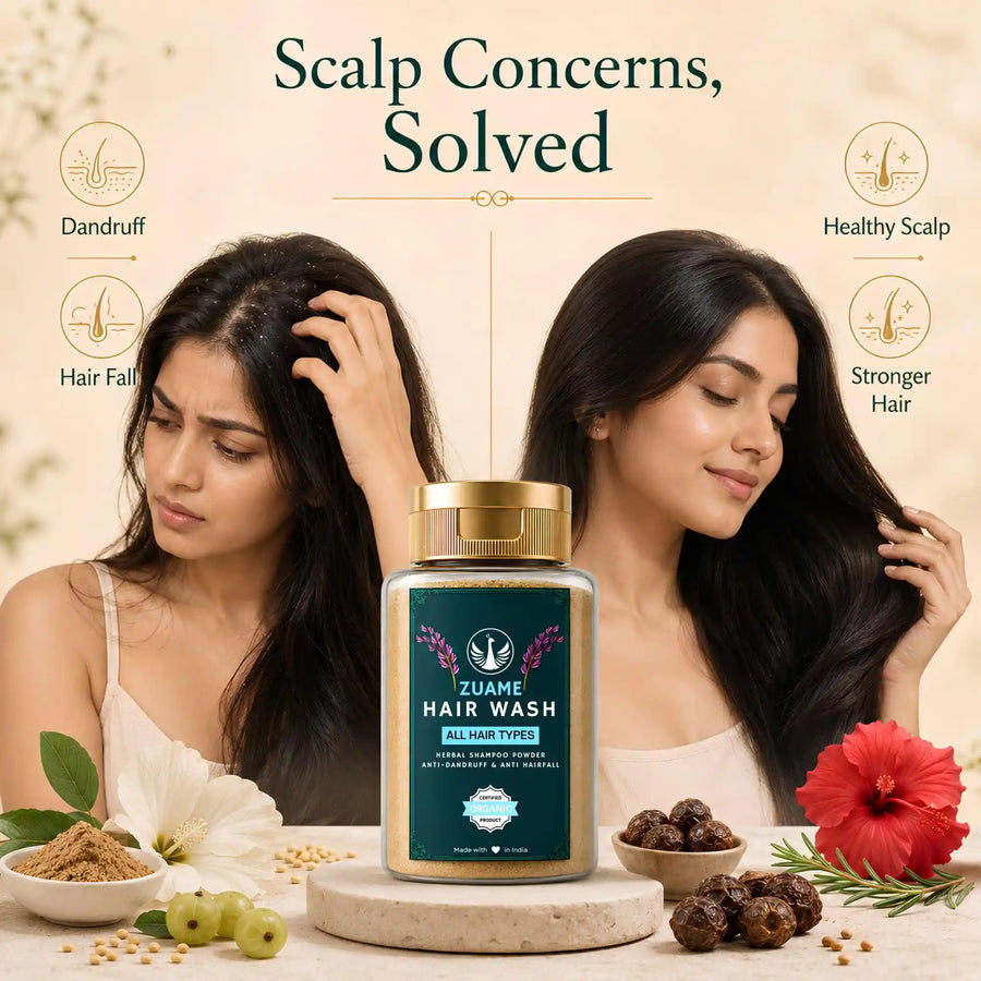 Zuame Hair Wash — Herbal Powder Shampoo with Argan, Jojoba, Kalonji, Curry Leaf & Bermuda Grass
