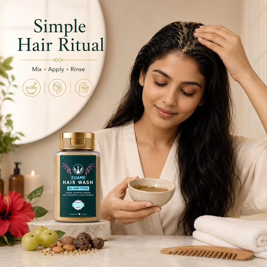 Zuame Hair Wash — Herbal Powder Shampoo with Argan, Jojoba, Kalonji, Curry Leaf & Bermuda Grass