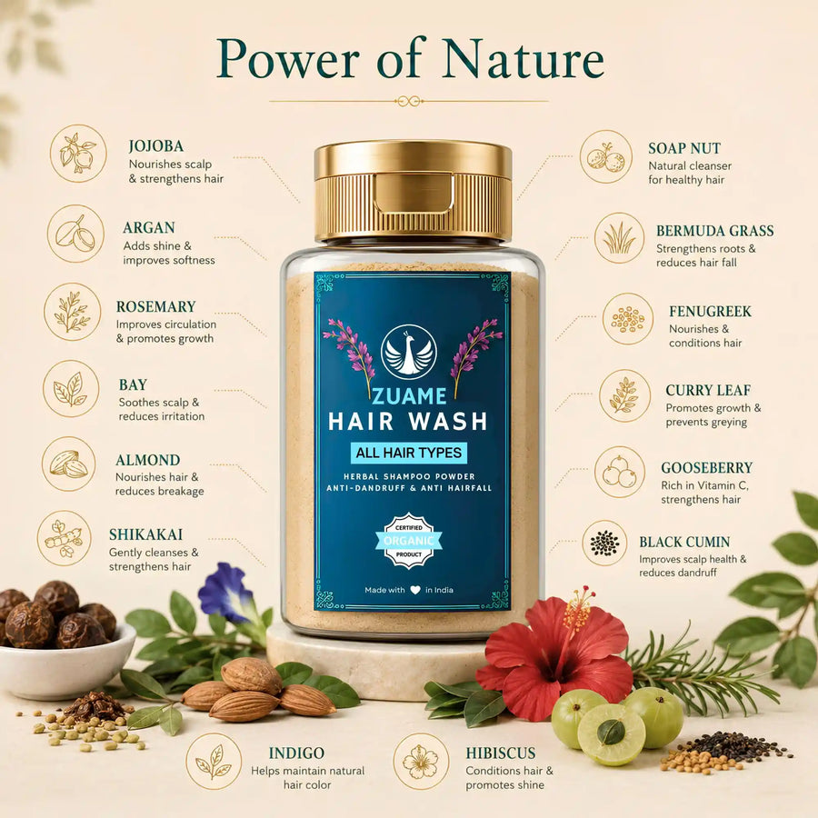 Zuame Hair Wash — Herbal Powder Shampoo with Argan, Jojoba, Kalonji, Curry Leaf & Bermuda Grass