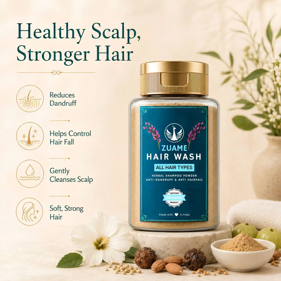 Zuame Hair Wash — Herbal Powder Shampoo with Argan, Jojoba, Kalonji, Curry Leaf & Bermuda Grass