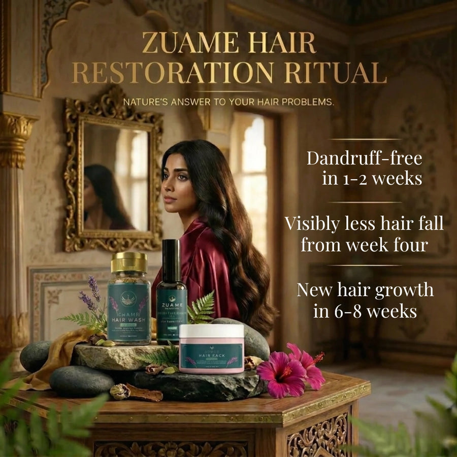 Zuame Hair Restoration Ritual — Deep Nourishing Hair Oil + Organic Hair Pack + Herbal Hair Wash Powder