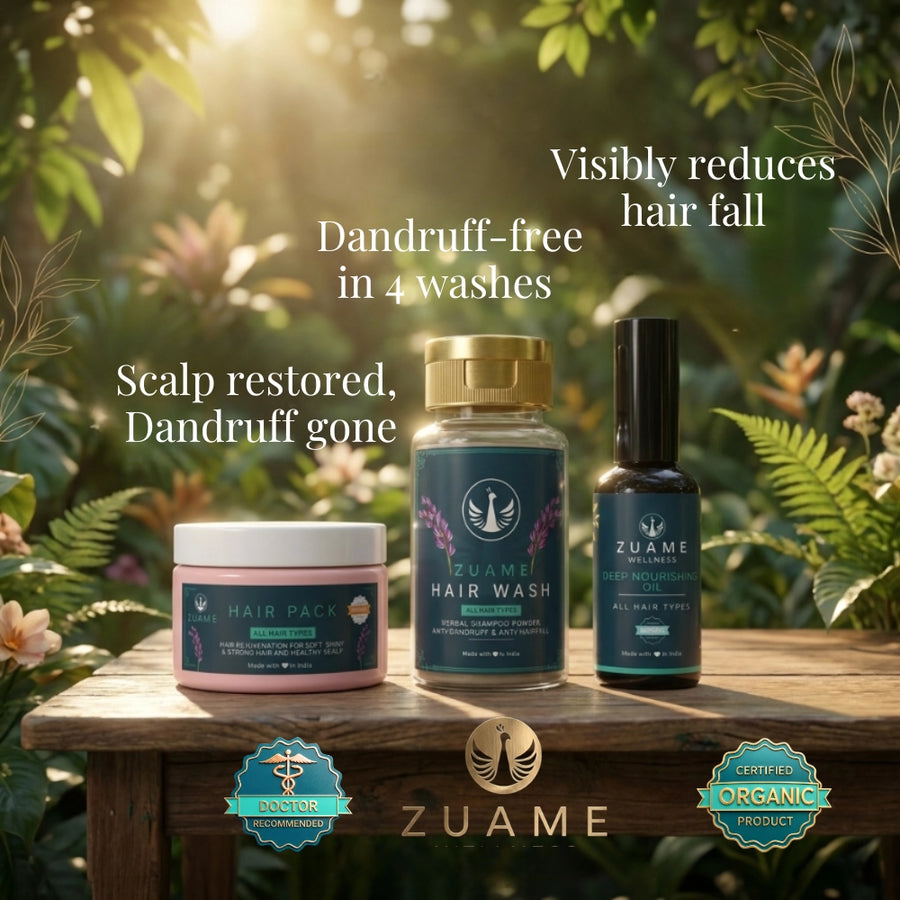 Zuame Hair Restoration Ritual — Deep Nourishing Hair Oil + Organic Hair Pack + Herbal Hair Wash Powder