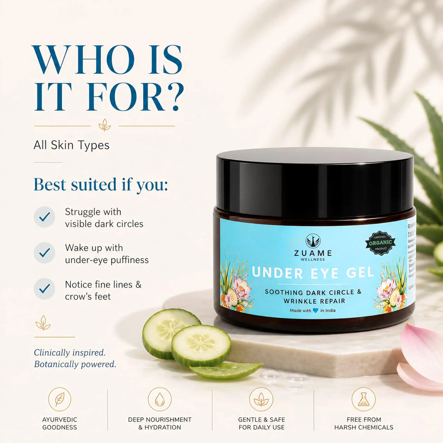 Under Eye Gel — Siddha-Formulated for Dark Circles, Puffiness & Fine Lines | Kumkumadi Tailam & Saffron | Certified Organic