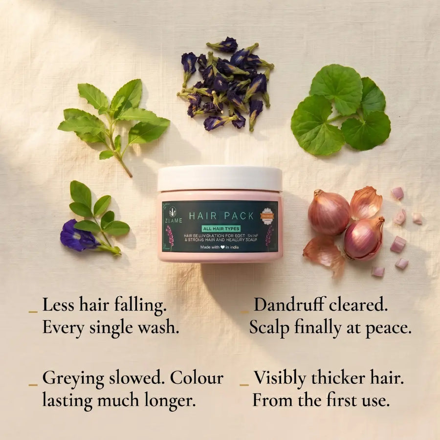 Zuame Organic Hair Pack — Brahmi, Tulsi, Indigo & Shallots for Hair Fall, Greying & Scalp Restoration