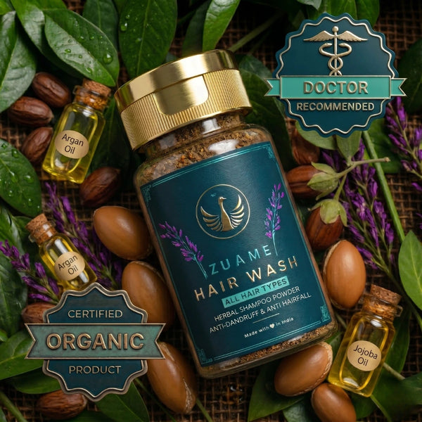 Zuame Hair Wash — Herbal Powder Shampoo with Argan, Jojoba, Kalonji, Curry Leaf & Bermuda Grass
