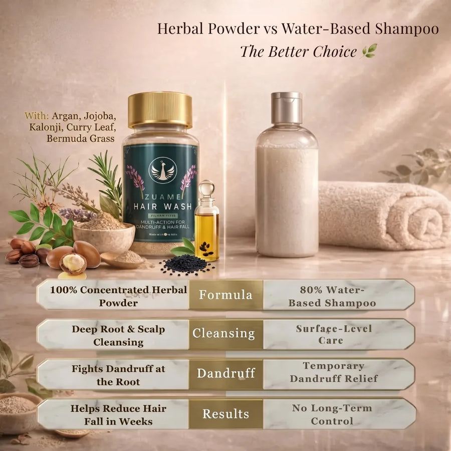 Zuame Hair Wash — Herbal Powder Shampoo with Argan, Jojoba, Kalonji, Curry Leaf & Bermuda Grass