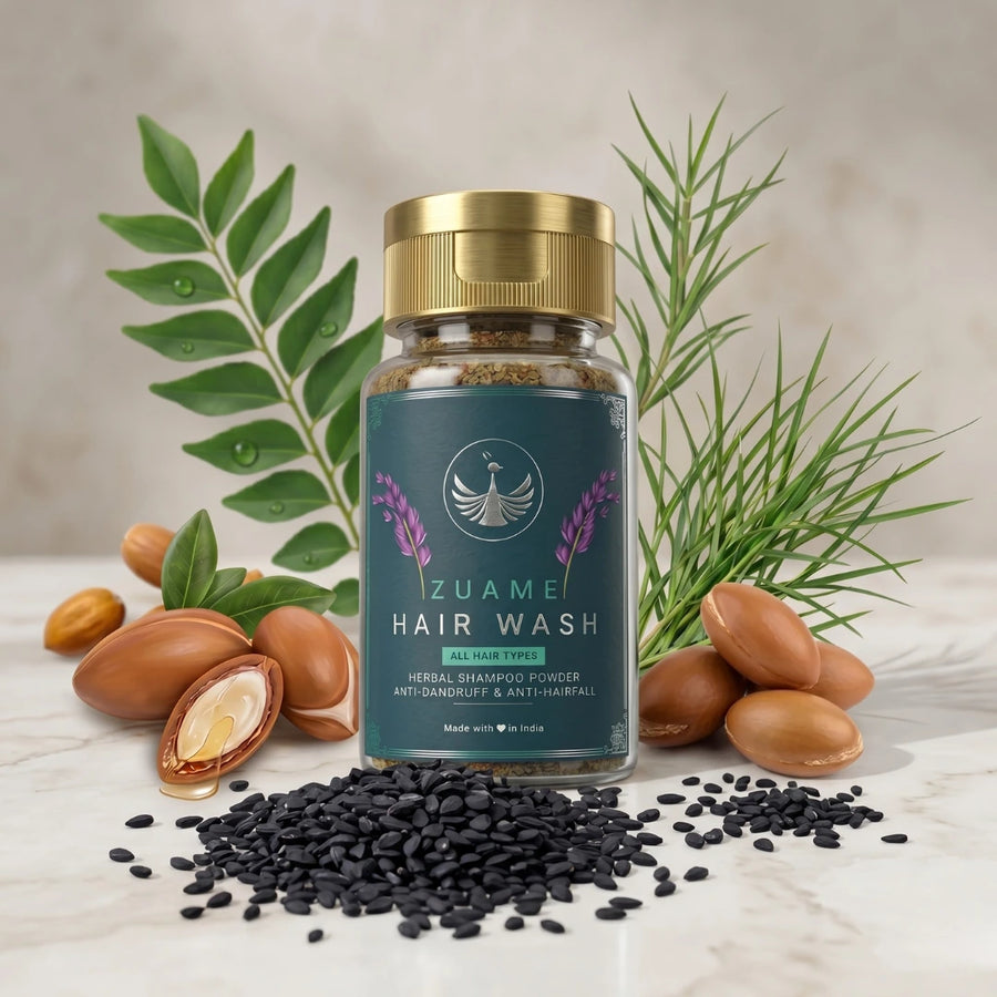 Zuame Hair Wash — Herbal Powder Shampoo with Argan, Jojoba, Kalonji, Curry Leaf & Bermuda Grass