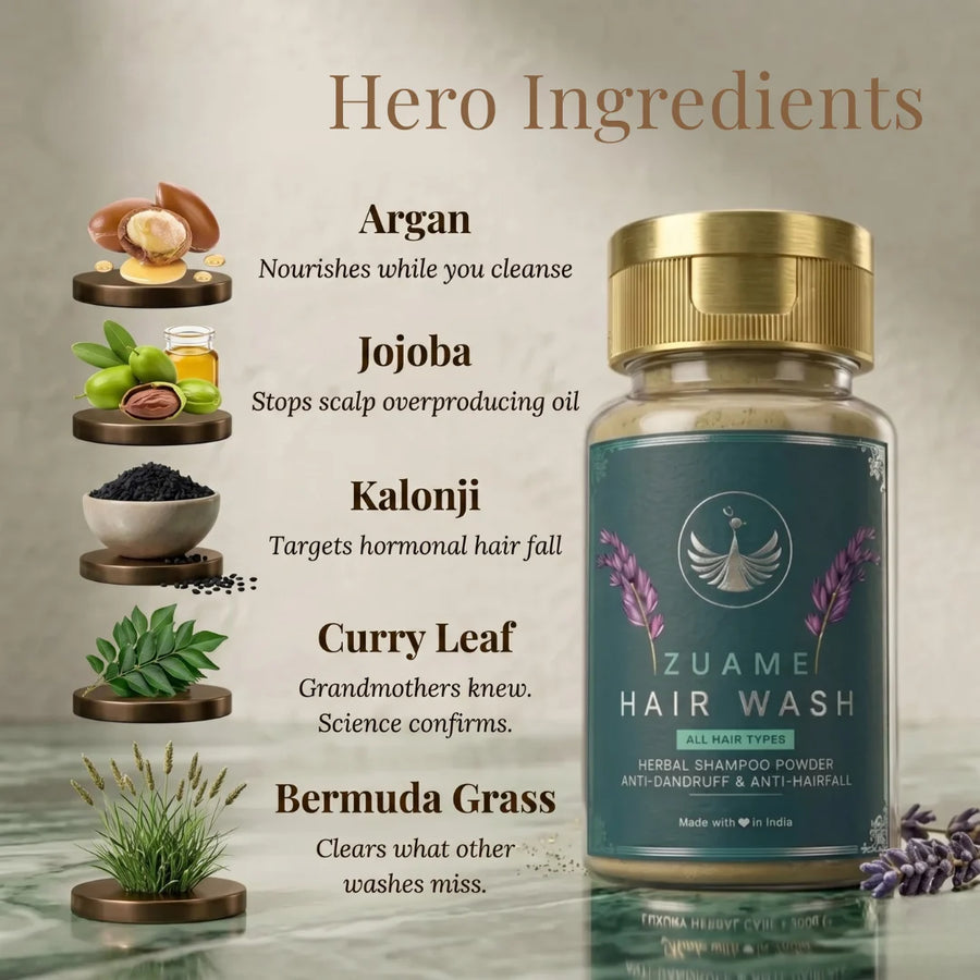 Zuame Hair Wash — Herbal Powder Shampoo with Argan, Jojoba, Kalonji, Curry Leaf & Bermuda Grass