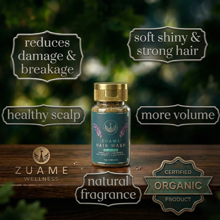 Zuame Hair Wash — Herbal Powder Shampoo with Argan, Jojoba, Kalonji, Curry Leaf & Bermuda Grass