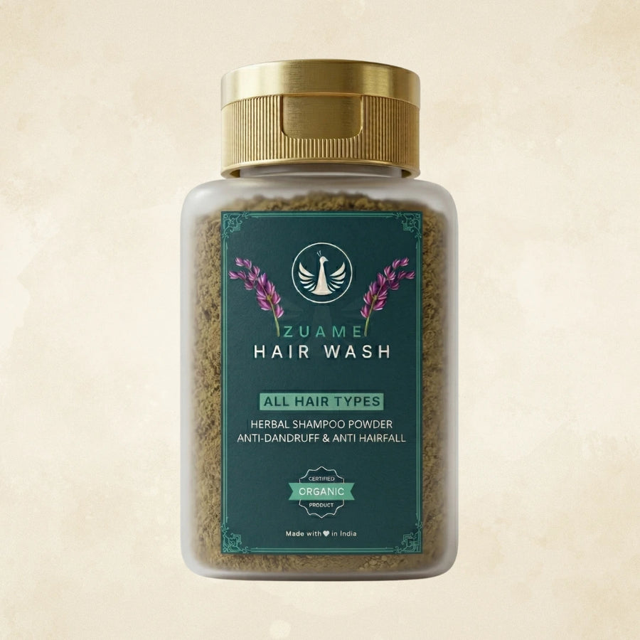 Zuame Hair Wash — Herbal Powder Shampoo with Argan, Jojoba, Kalonji, Curry Leaf & Bermuda Grass