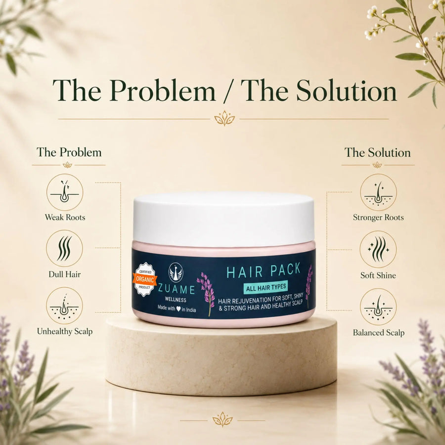 Zuame Organic Hair Pack — Brahmi, Tulsi, Indigo & Shallots for Hair Fall, Greying & Scalp Restoration