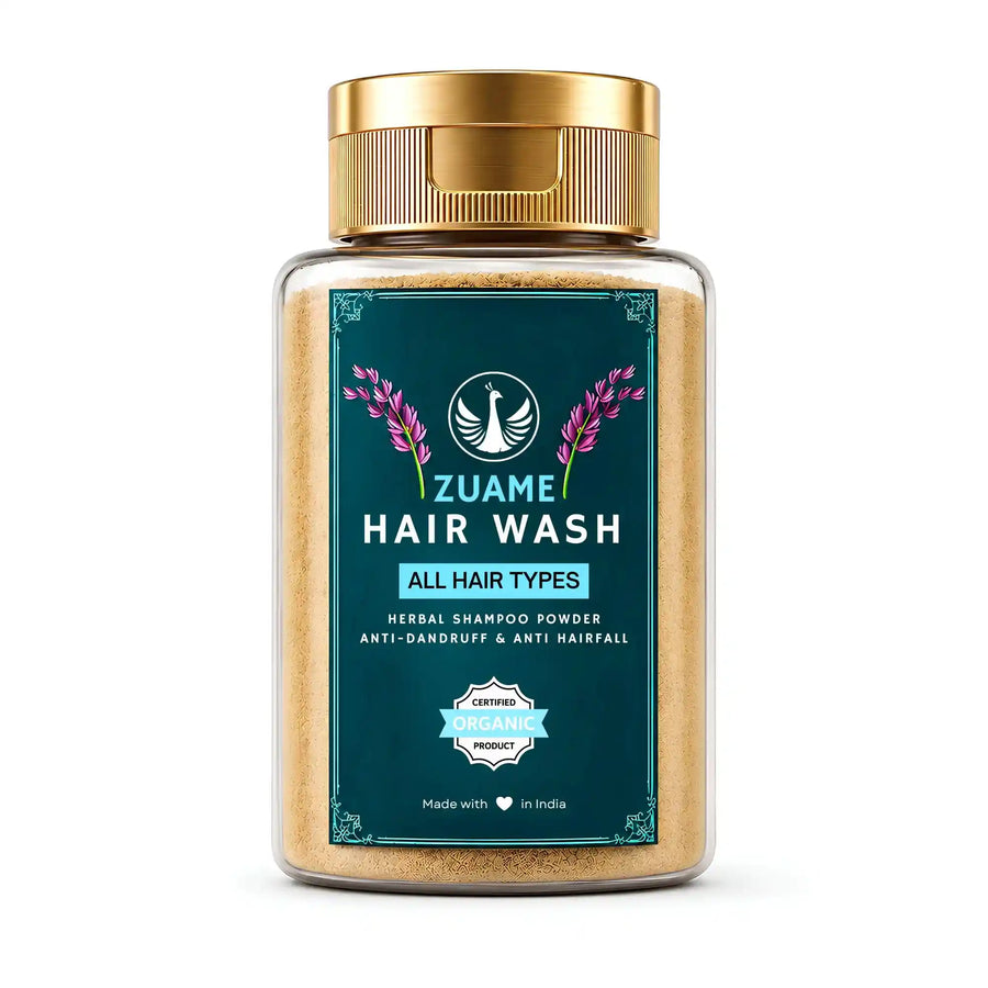 Zuame Hair Wash — Herbal Powder Shampoo with Argan, Jojoba, Kalonji, Curry Leaf & Bermuda Grass