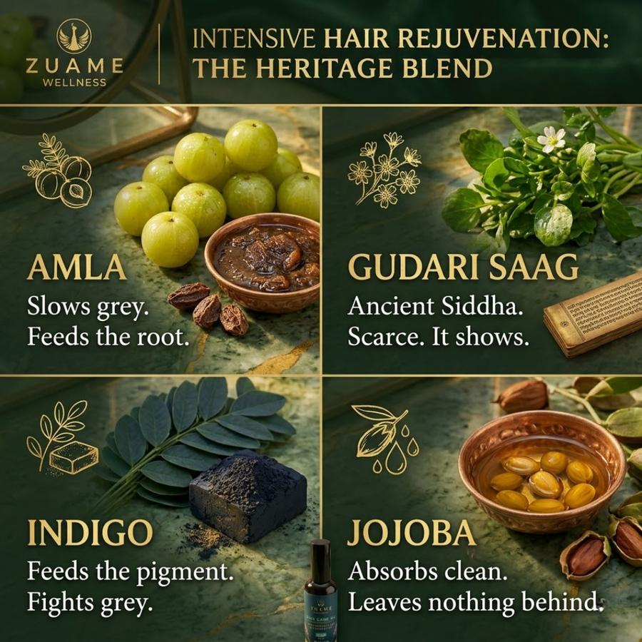 Zuame Hair Care Oil — Amla, Gudari Saag, Indigo & Jojoba for Greying, Hair Fall & Scalp Health