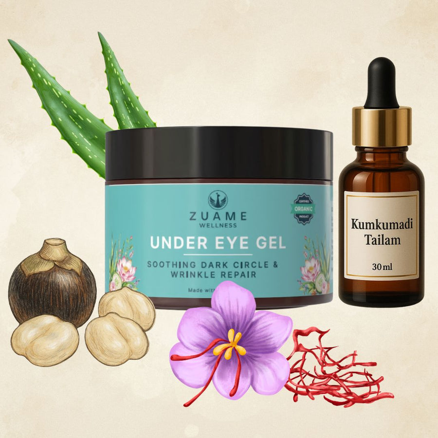 Under Eye Gel — Siddha-Formulated for Dark Circles, Puffiness & Fine Lines | Kumkumadi Tailam & Saffron | Certified Organic