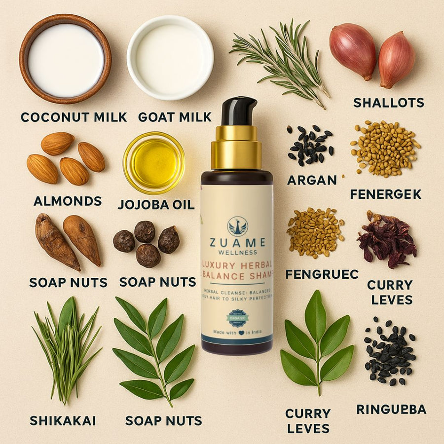 Zuame Luxury Oil Balance Shampoo — Post-Oil Herbal Wash with Goat Milk, Shikakai & Bermuda Grass