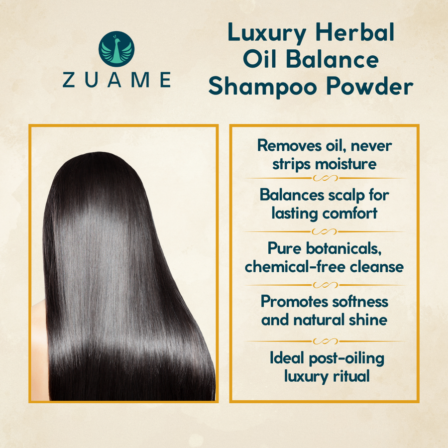 Zuame Luxury Oil Balance Shampoo Powder — Post-Oil Herbal Wash with Shikakai, Soap Nut & Bermuda Grass