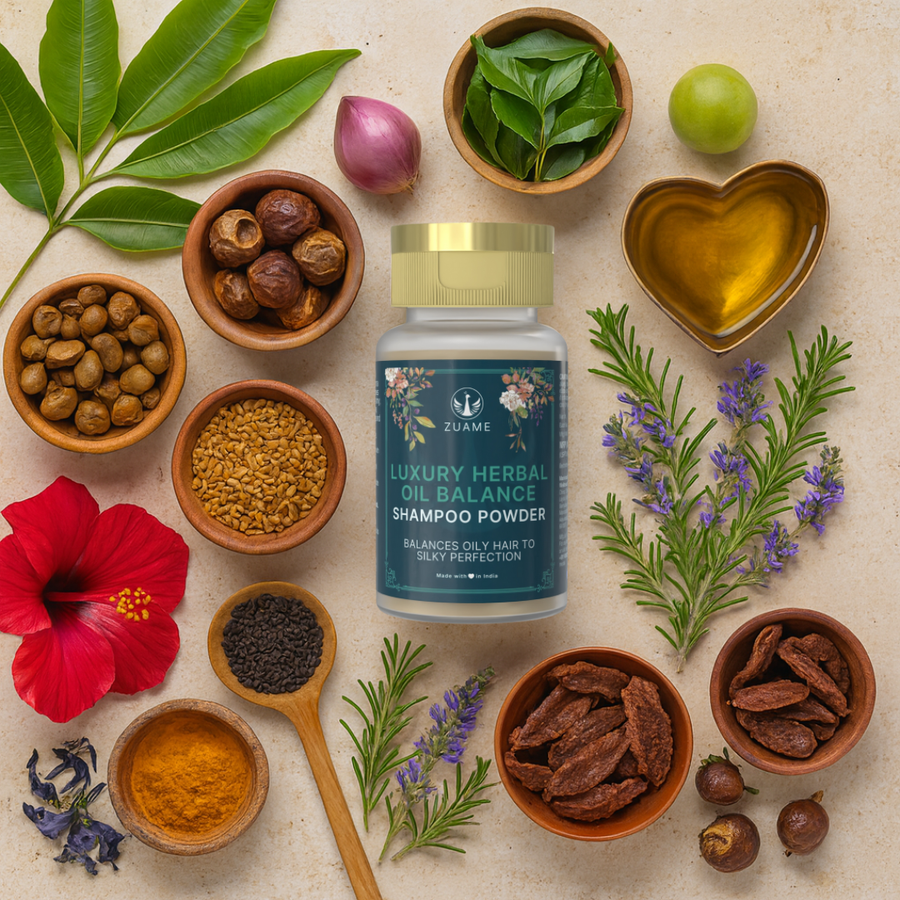 Zuame Luxury Oil Balance Shampoo Powder — Post-Oil Herbal Wash with Shikakai, Soap Nut & Bermuda Grass