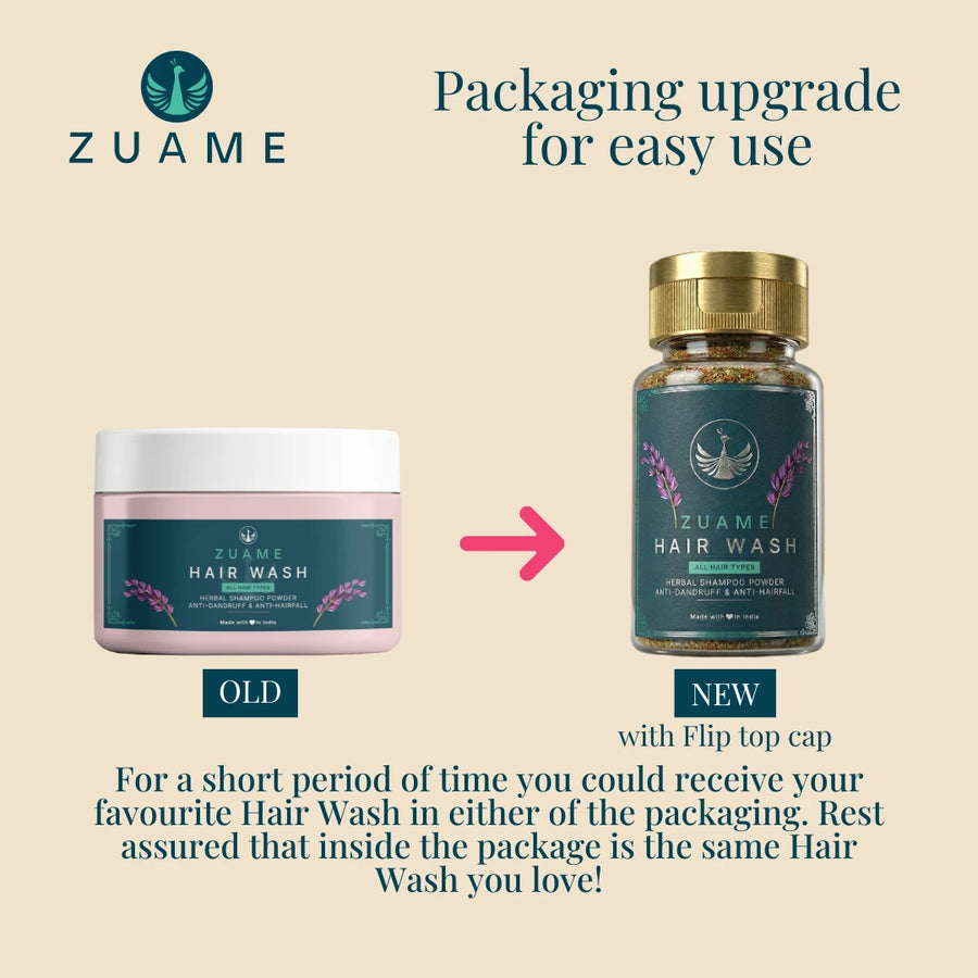 Zuame Hair Wash — Herbal Powder Shampoo with Argan, Jojoba, Kalonji, Curry Leaf & Bermuda Grass