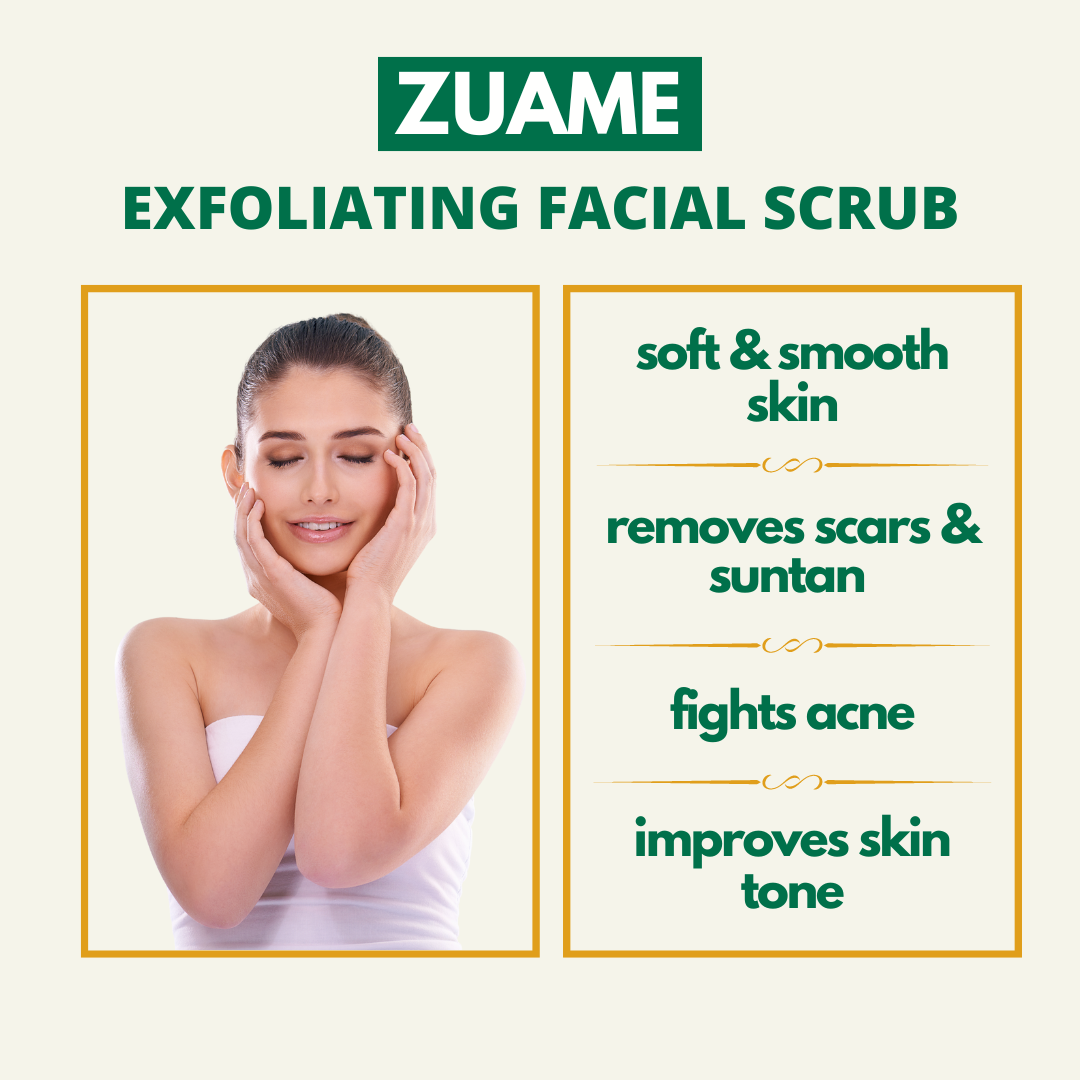 Zuame facial scrub gently exfoliates your skin, removes scars and suntan, fights acne, improves skin tone and leaves you with smooth and soft skin