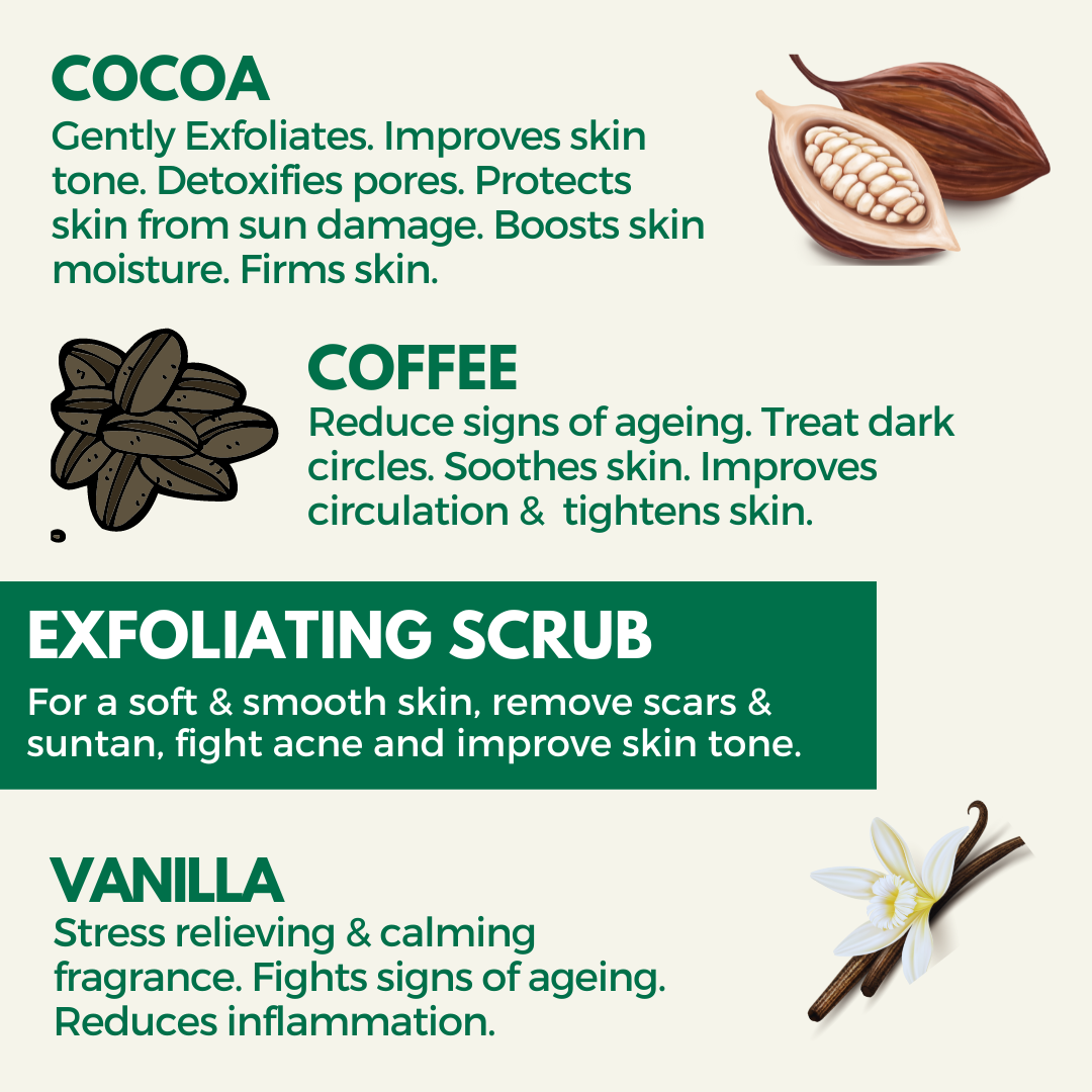 Facial scrub with Coffee Cocoa and Vanilla helps your skin recover from sun damage, reduces signs of ageing, tightens skin, reduces inflammation 
