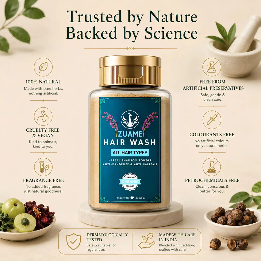 Zuame Hair Wash — Herbal Powder Shampoo with Argan, Jojoba, Kalonji, Curry Leaf & Bermuda Grass