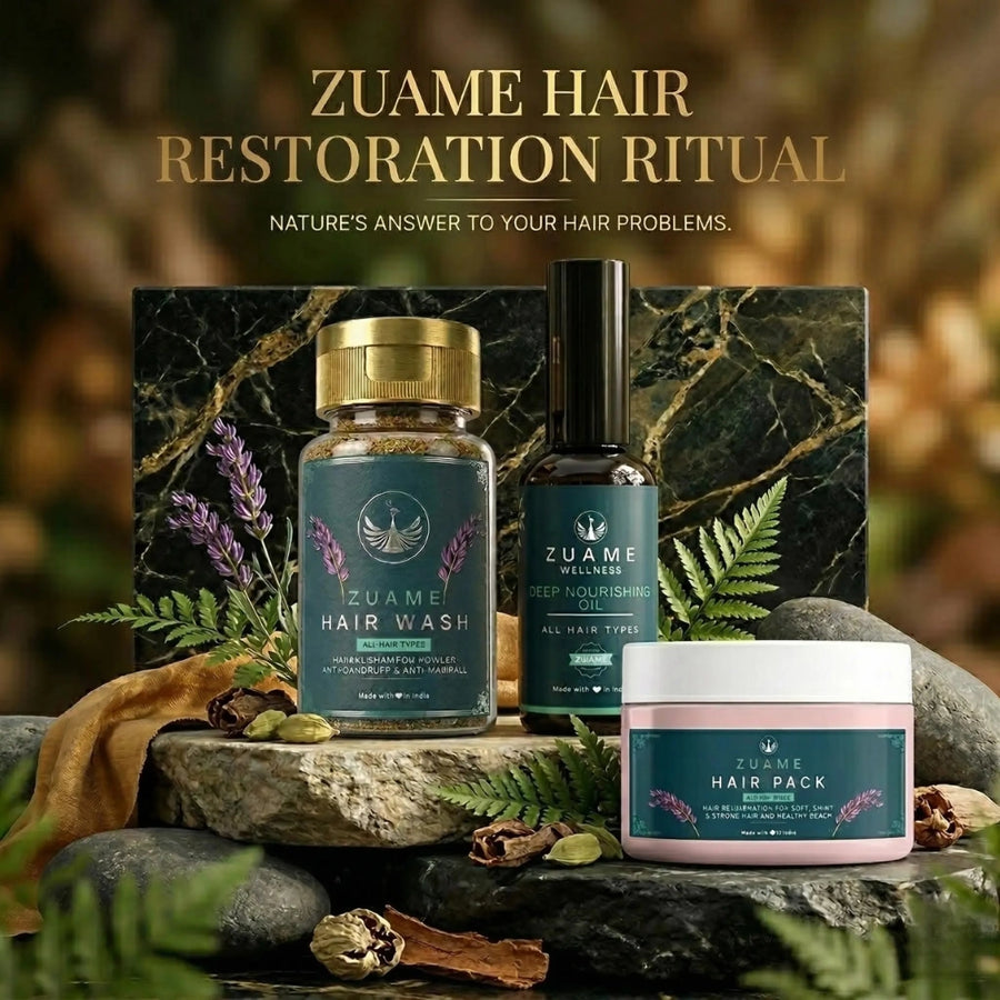Zuame Hair Restoration Ritual — Deep Nourishing Hair Oil + Organic Hair Pack + Herbal Hair Wash Powder
