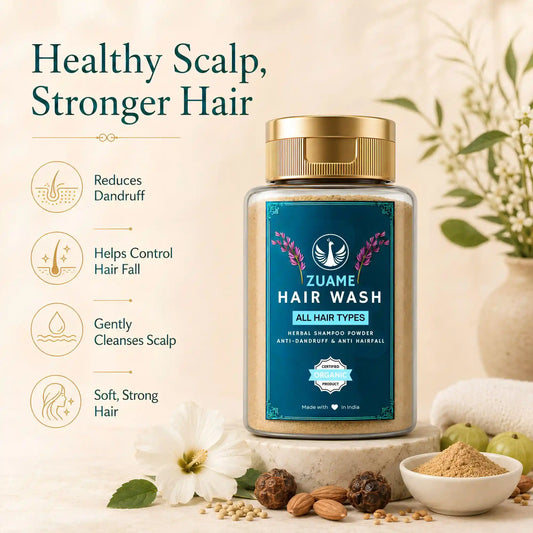 Zuame Hair Wash — Herbal Powder Shampoo with Argan, Jojoba, Kalonji, Curry Leaf & Bermuda Grass