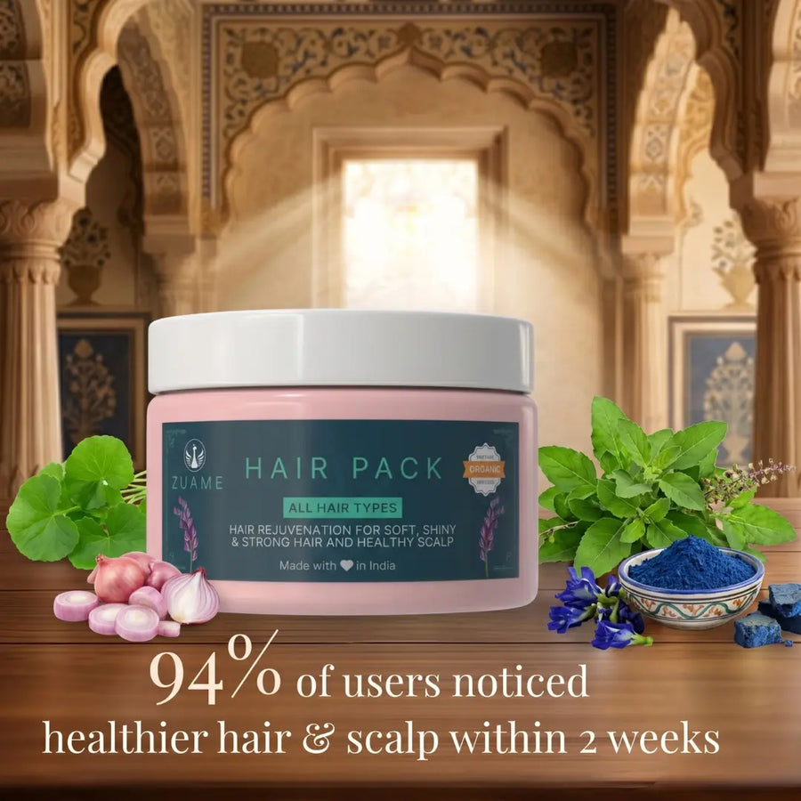 Zuame Organic Hair Pack — Brahmi, Tulsi, Indigo & Shallots for Hair Fall, Greying & Scalp Restoration