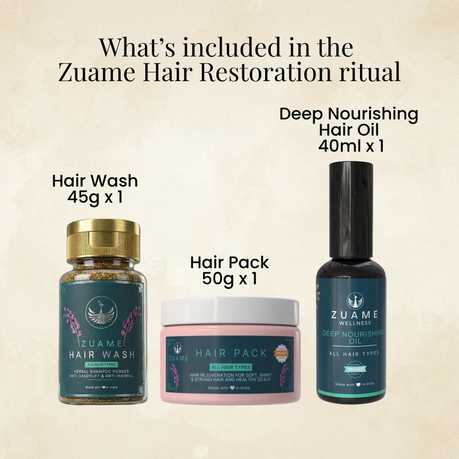 Zuame Hair Restoration Ritual — Deep Nourishing Hair Oil + Organic Hair Pack + Herbal Hair Wash Powder