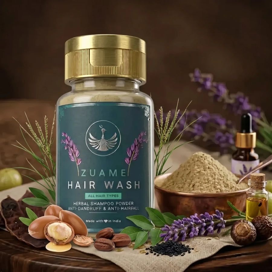 Zuame Hair Wash — Herbal Powder Shampoo with Argan, Jojoba, Kalonji, Curry Leaf & Bermuda Grass