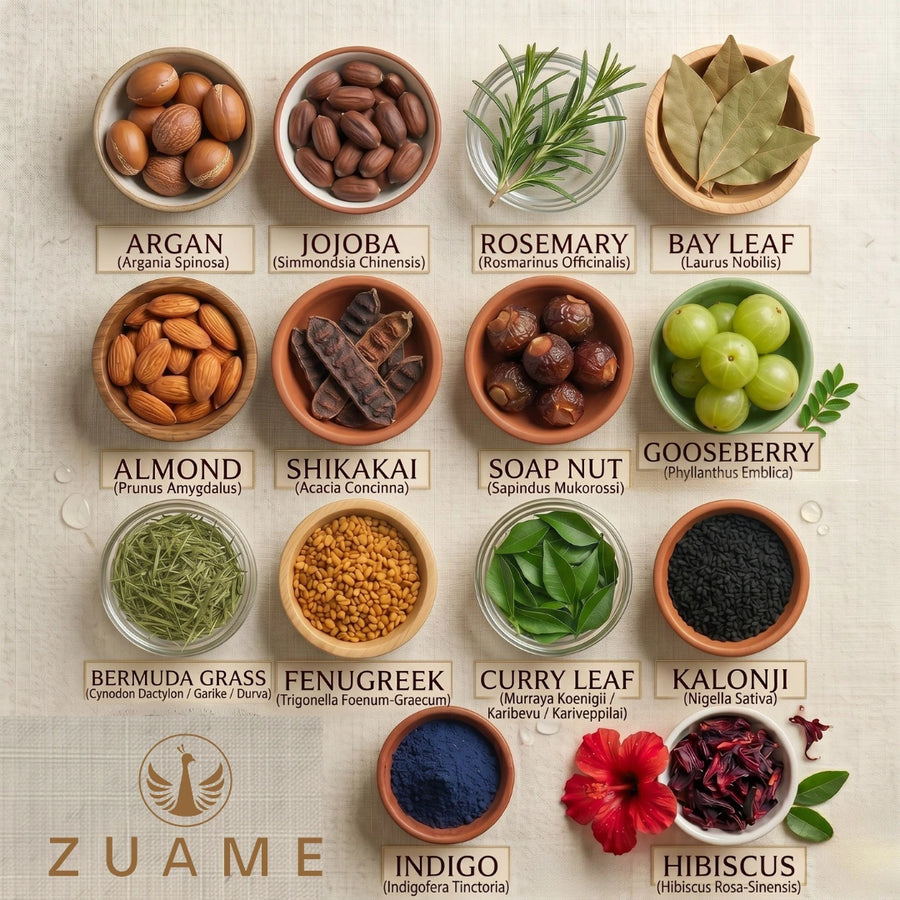 Zuame Hair Wash — Herbal Powder Shampoo with Argan, Jojoba, Kalonji, Curry Leaf & Bermuda Grass