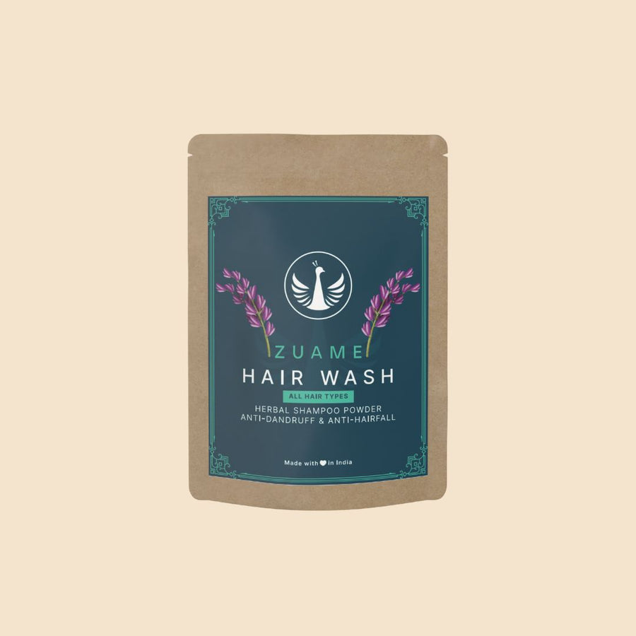 Zuame Hair Wash — Herbal Powder Shampoo with Argan, Jojoba, Kalonji, Curry Leaf & Bermuda Grass
