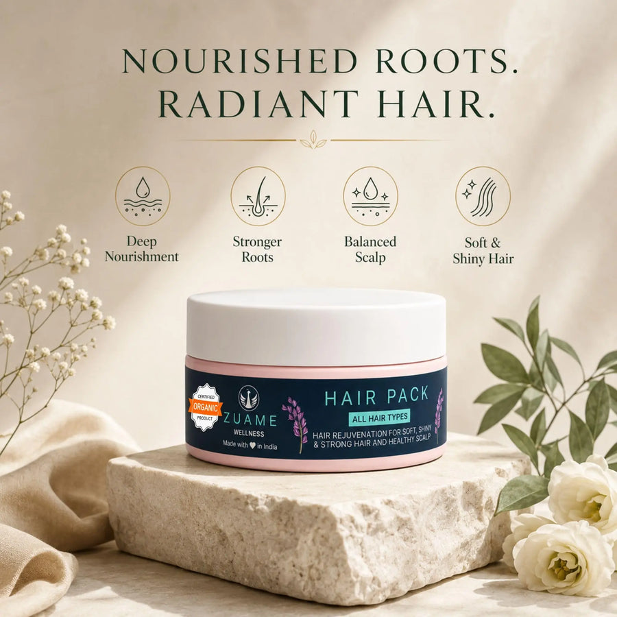Zuame Organic Hair Pack — Brahmi, Tulsi, Indigo & Shallots for Hair Fall, Greying & Scalp Restoration
