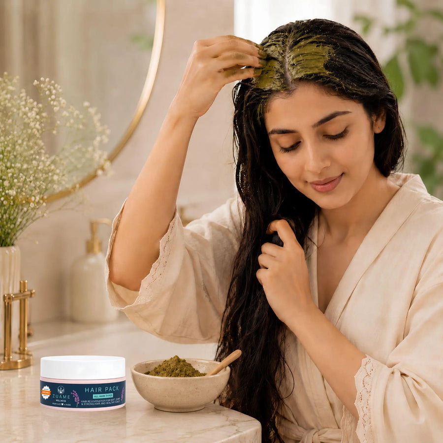 Zuame Organic Hair Pack — Brahmi, Tulsi, Indigo & Shallots for Hair Fall, Greying & Scalp Restoration