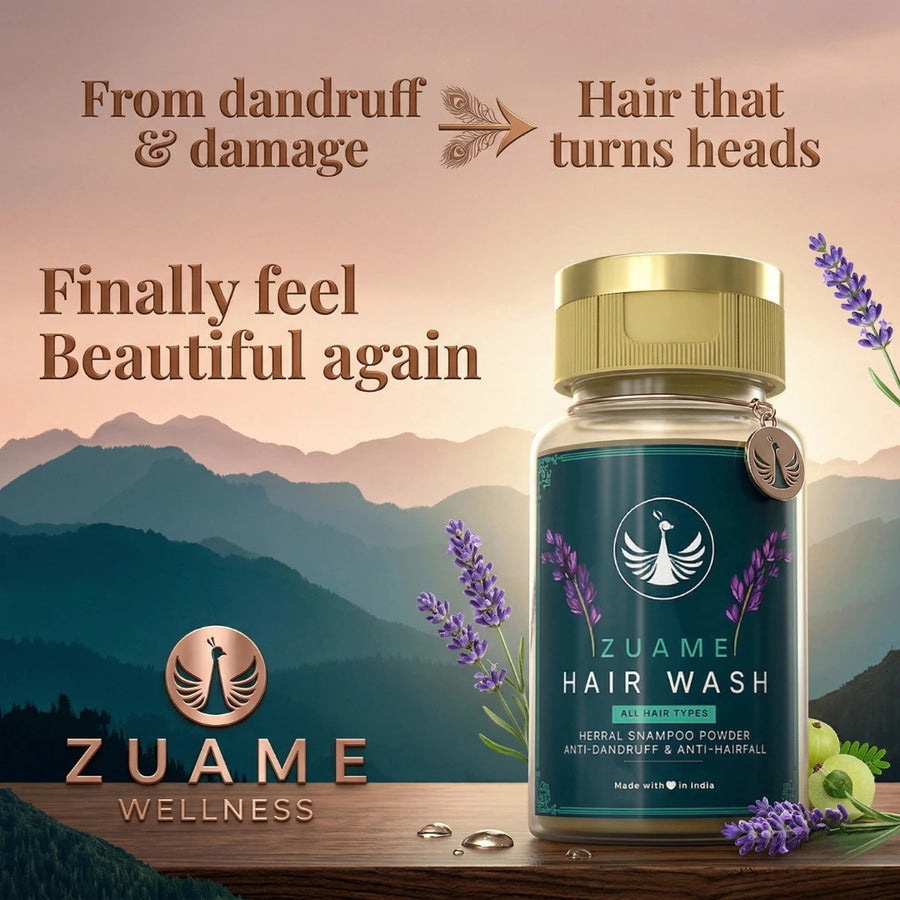 Zuame Hair Wash — Herbal Powder Shampoo with Argan, Jojoba, Kalonji, Curry Leaf & Bermuda Grass