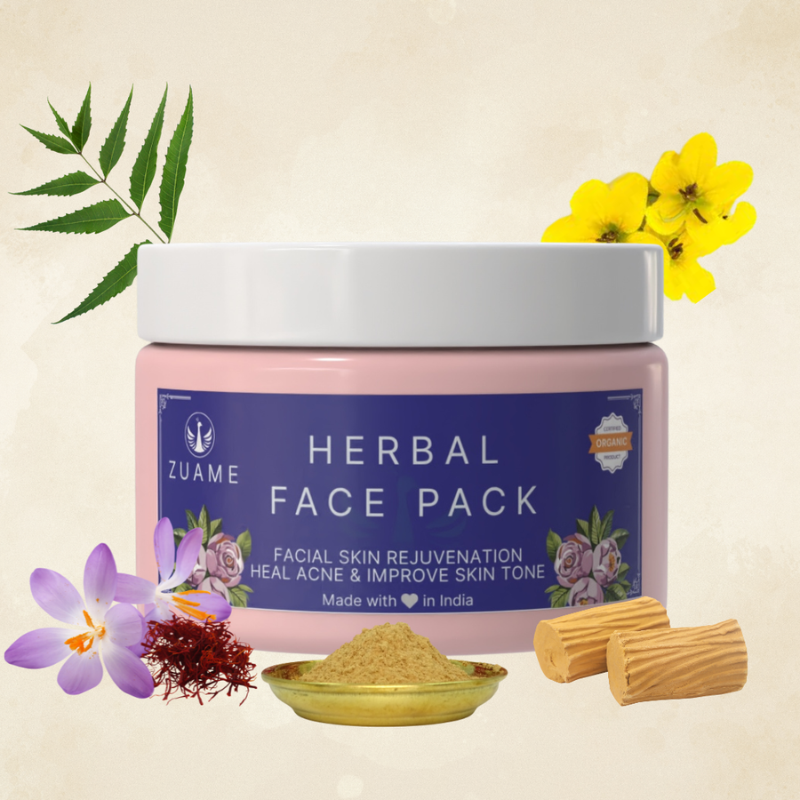 Zuame Herbal Face Pack | Neem, Sandalwood, Saffron & Damask Rose | Acne, Suntan & Brightening | Certified Organic