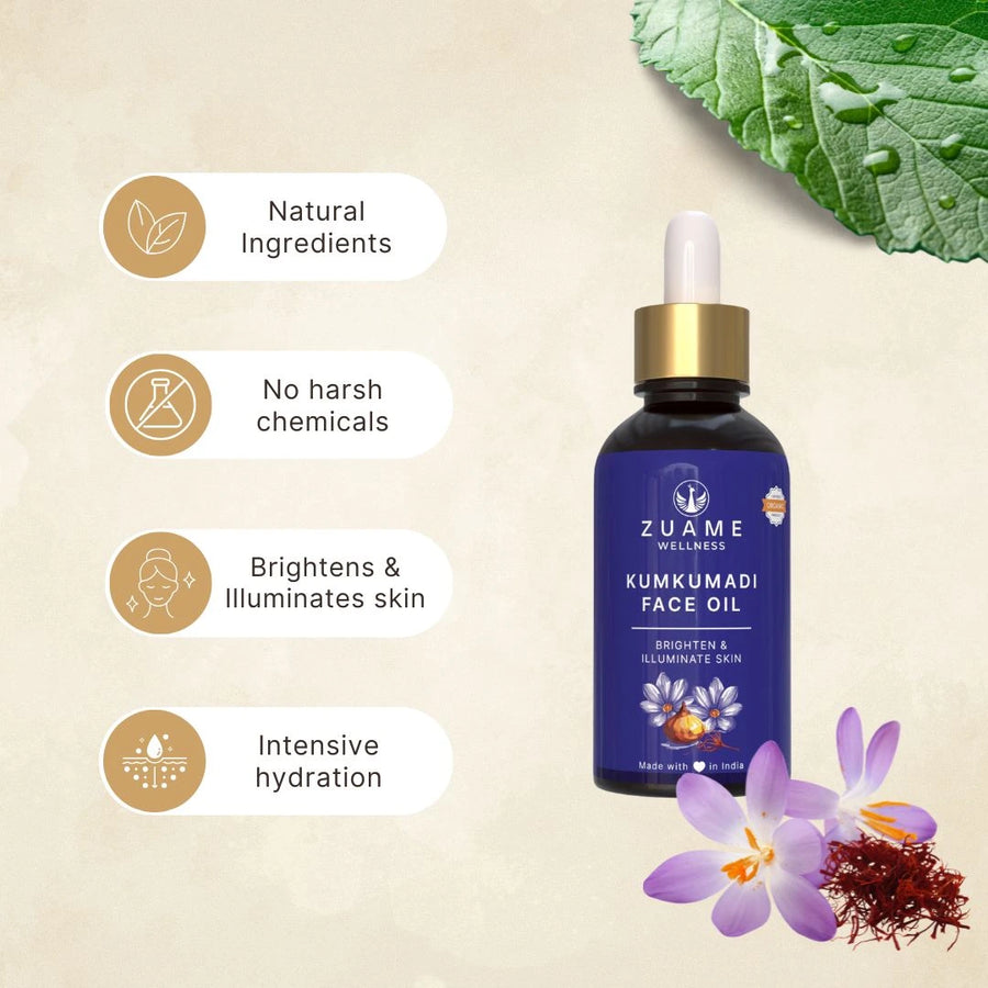 Kumkumadi Face Oil — Ayurvedic Glow Oil for Brightening, Pigmentation & Ageing Skin | Saffron, Manjistha & Ashwagandha | Certified Organic