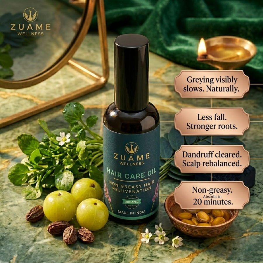 Zuame Hair Care Oil — Amla, Gudari Saag, Indigo & Jojoba for Greying, Hair Fall & Scalp Health